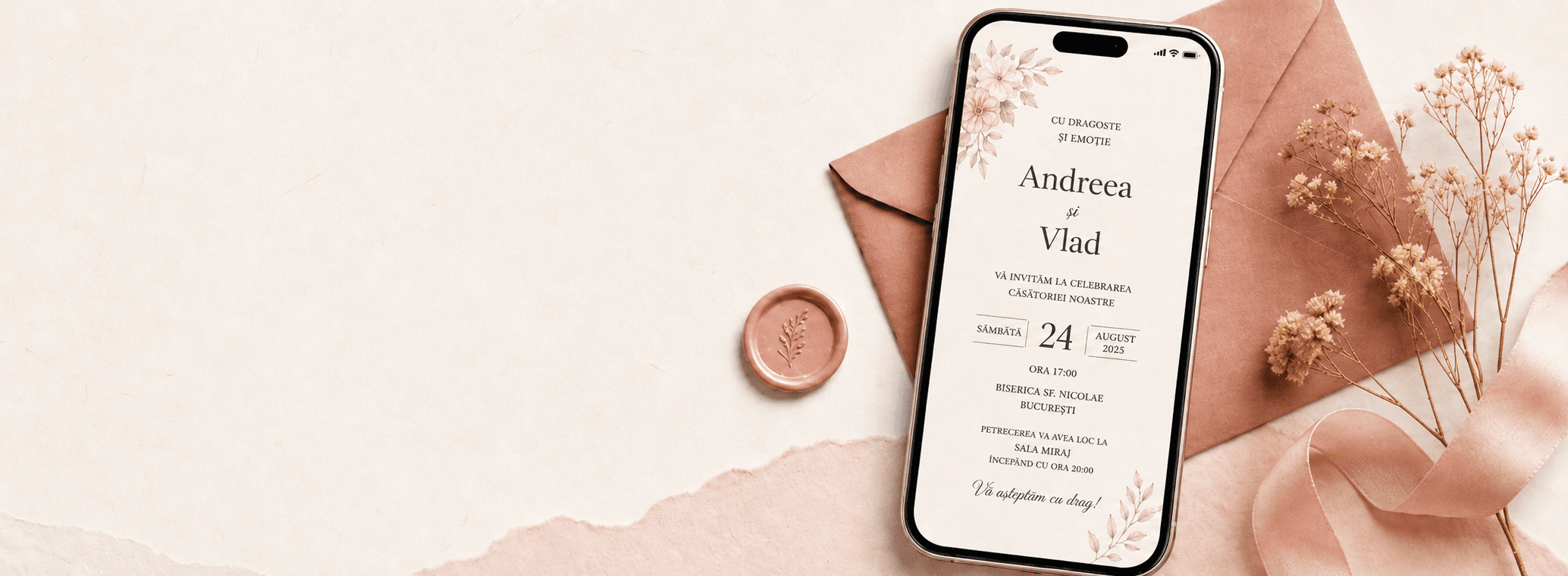 Invitații digitale prezentate pe telefon, cu pași simpli și carduri elegante de eveniment