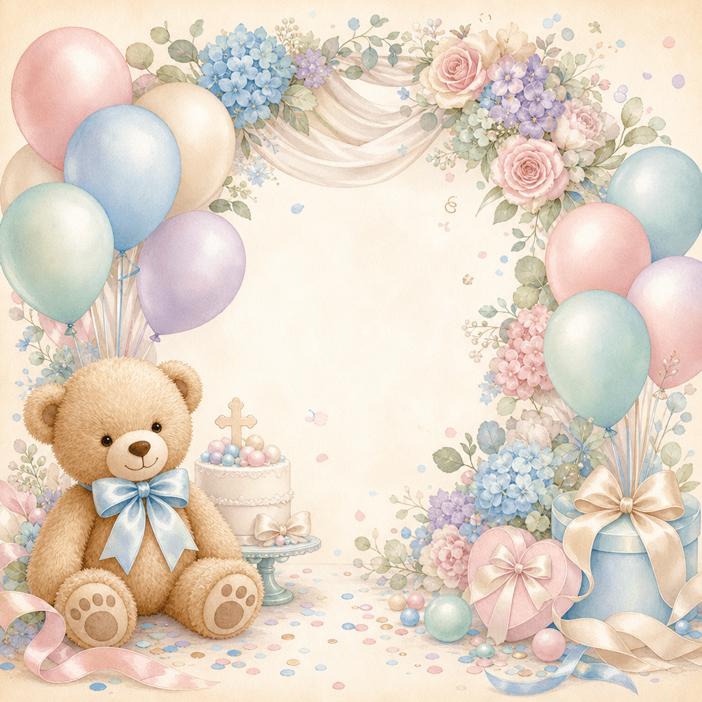 Decor vesel de botez cu baloane pastel și ursuleț